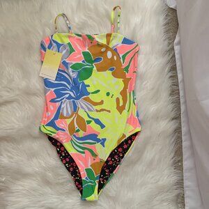 MAAJI Reversible Bright Tropical/Black Wildflower One-Piece Swimsuit Sz LARGE
